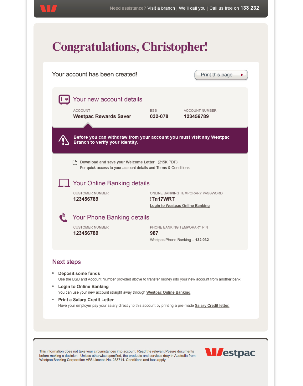 Westpac Customer Account Opening
